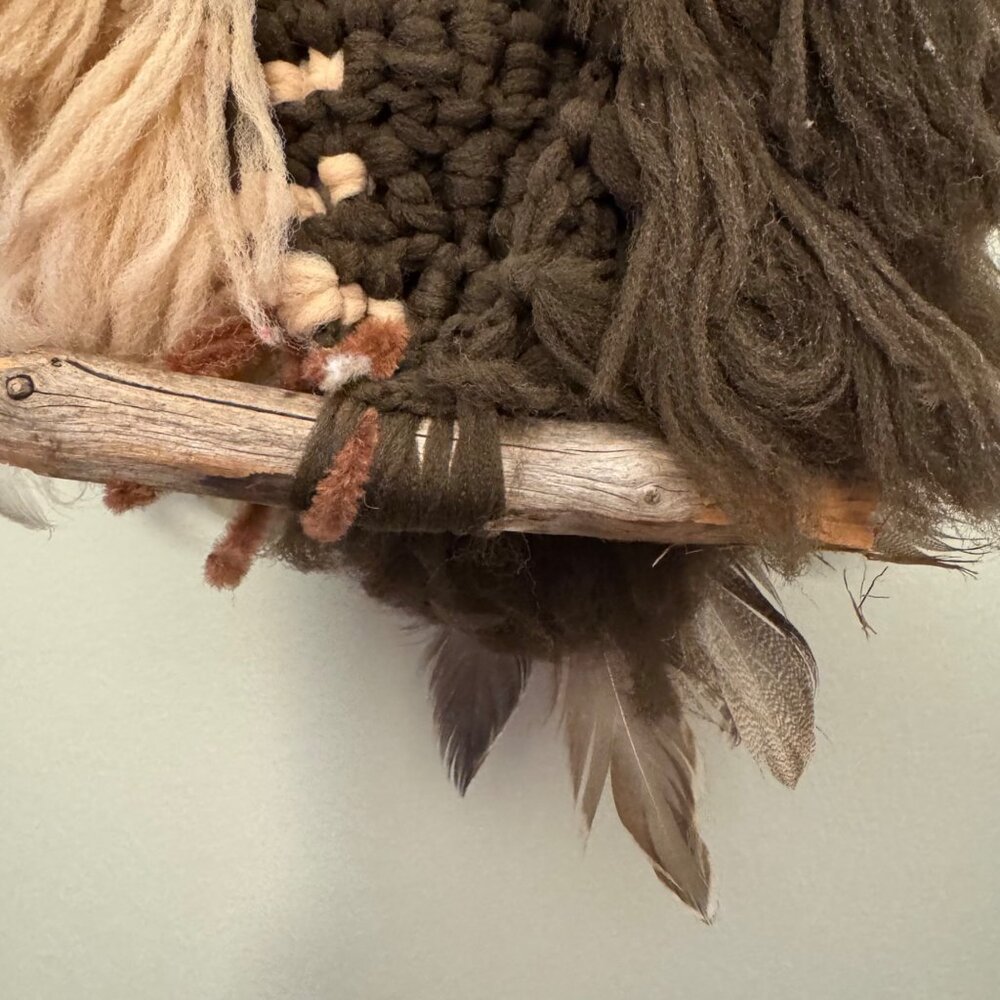 VTG Handmade Feather Owl Wall Hanging Decor With Branch Rod Rustic Nature 16" - Picture 12 of 16